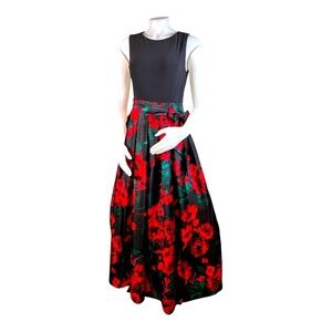 Leslie Fay 
Black Red Floral Print Textured Skirt Long Maxi Dress Waist Tie SZ6
